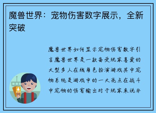 魔兽世界：宠物伤害数字展示，全新突破