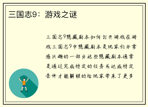 三国志9：游戏之谜